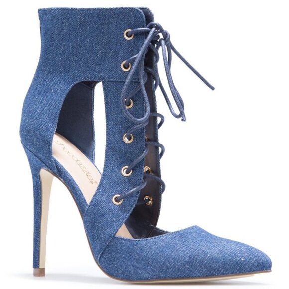 *3/$10* Shoedazzle Latie Stiletto Denim Laceup Booties Blue Size 7.5 - Picture 1 of 6